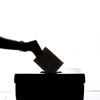 Eine Hand steckt einen Wahlzettel in die Urne