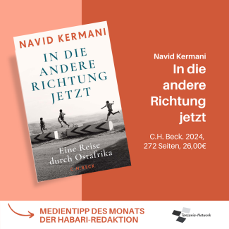Medientipp des Monats: Navid Kermani: In die andere Richtung jetzt - eine Reise durch Ostafrika (orangene Kachel mit Buchcover: drei spielende, springende Schwarze Kinder)