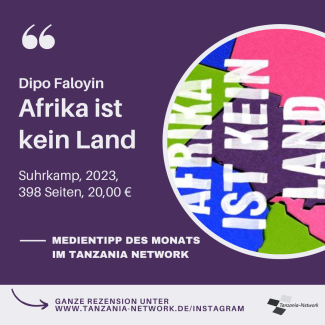 lila bild mit text: Medienempfehlung: Dipo Faloyin: Afrika ist kein Land plus Bild Buchcover mit grün, rosa, lila, grünen Flecken:"Afrika ist kein Land"