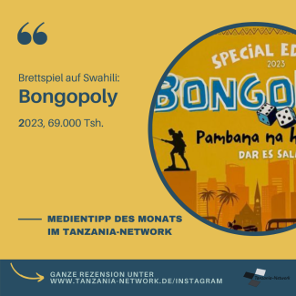 Bongopoly. Gelbes Bild mit Text: Medientipp des Monats: Brettspiel Bongopoly